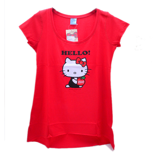 Hello Kitty_Hello Kitty-綿T-紅底側坐抱蘋果L