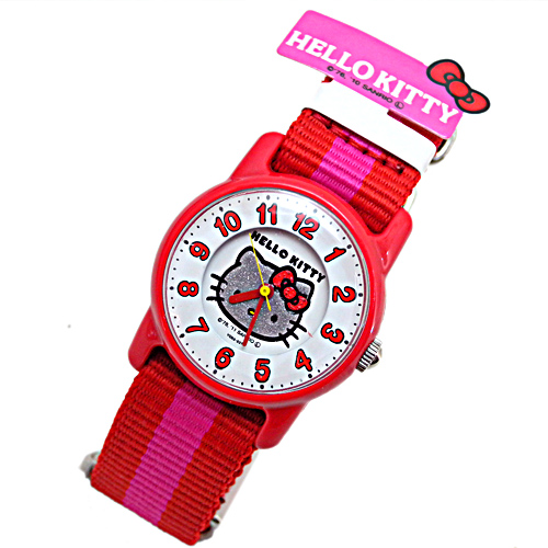 手錶_Hello Kitty-尼龍圓面手錶-晶亮紅結