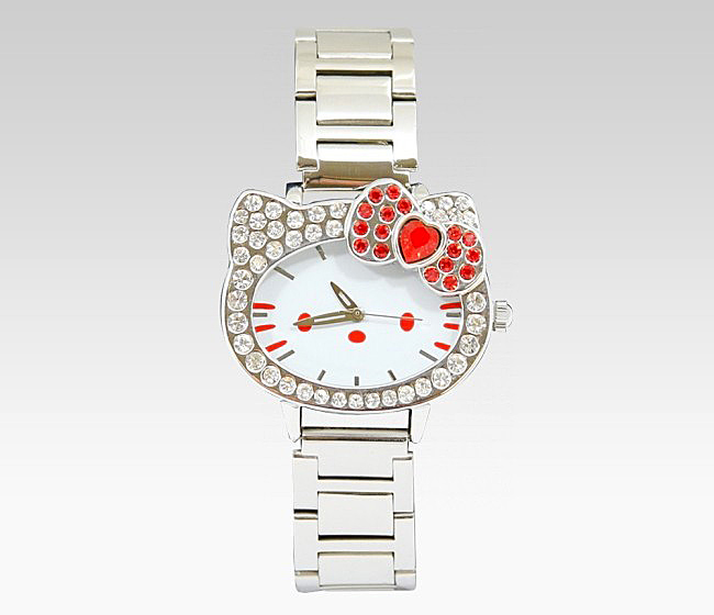 手錶_Hello Kitty-大臉造型鑽鍊錶-紅結