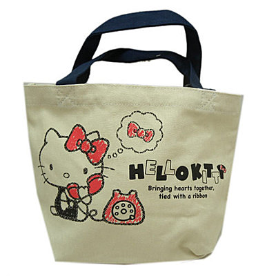手提包袋_Hello Kitty-  帆布小提袋-KT電話米