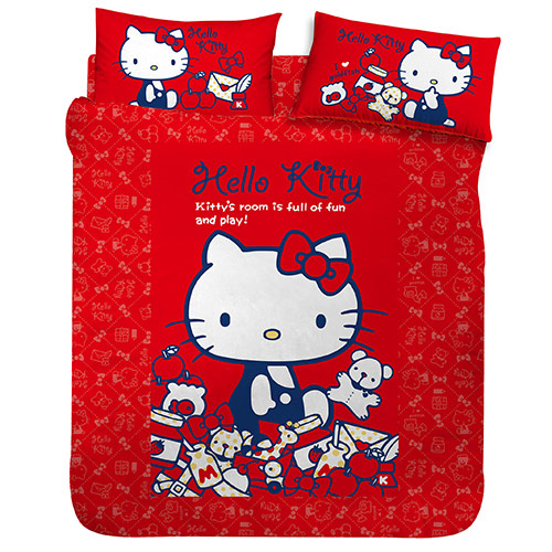 寢具_Hello Kitty-  雙人床包被單組-我的遊戲房紅
