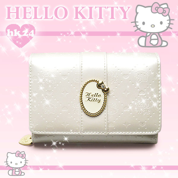 長短夾_Hello Kitty-珠光對折短夾-緞帶胸針白