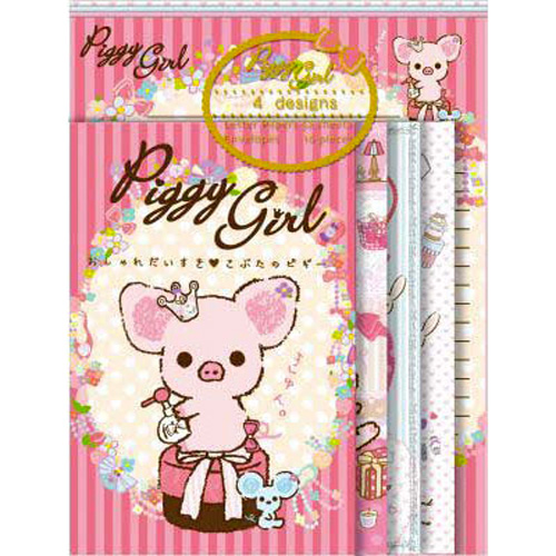 文具用品_Piggy Girl粉紅豬-粉紅豬信套組-側坐條紋粉
